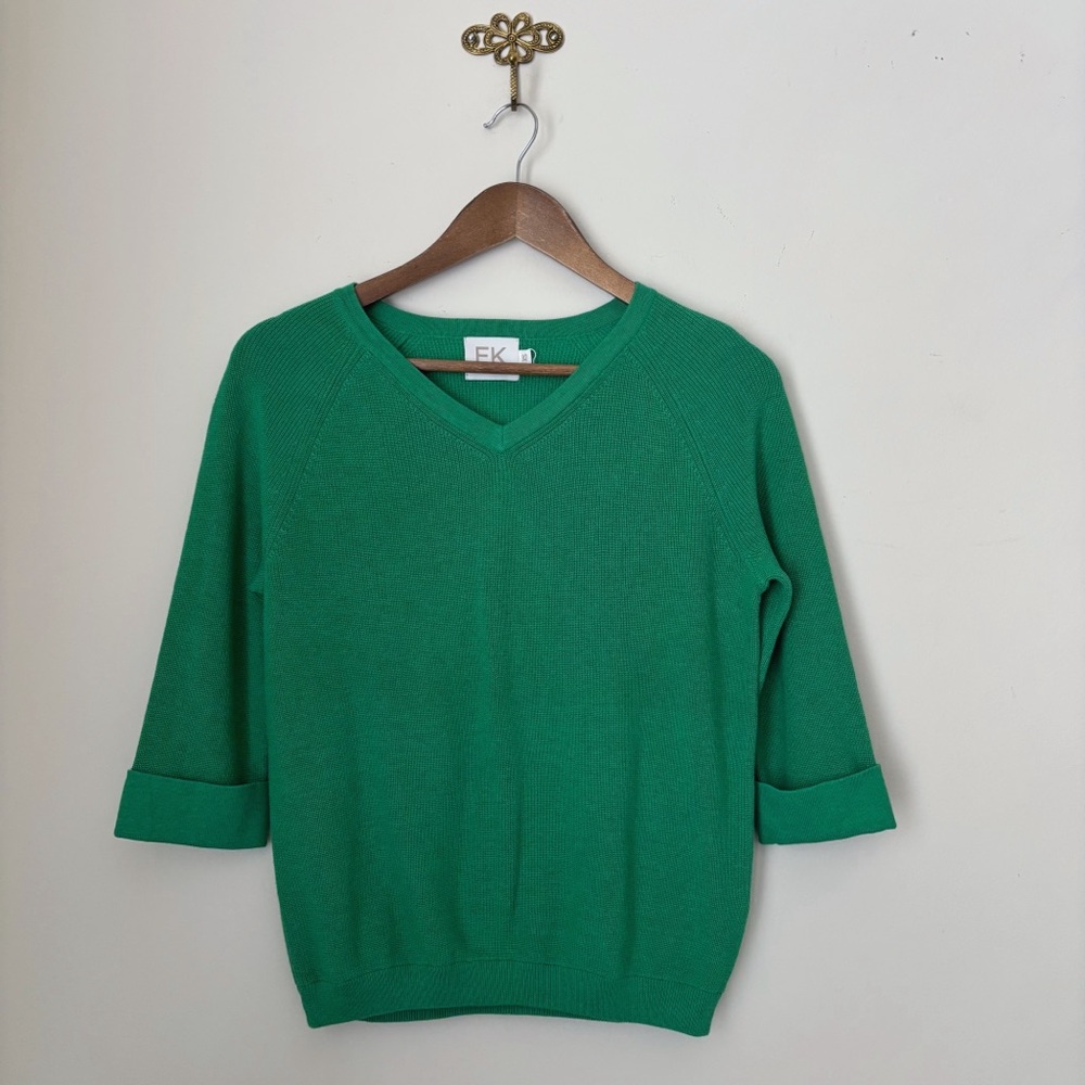 Edinburgh Knitwear Shaker Green V Neck Pima Cotton Sweater XS